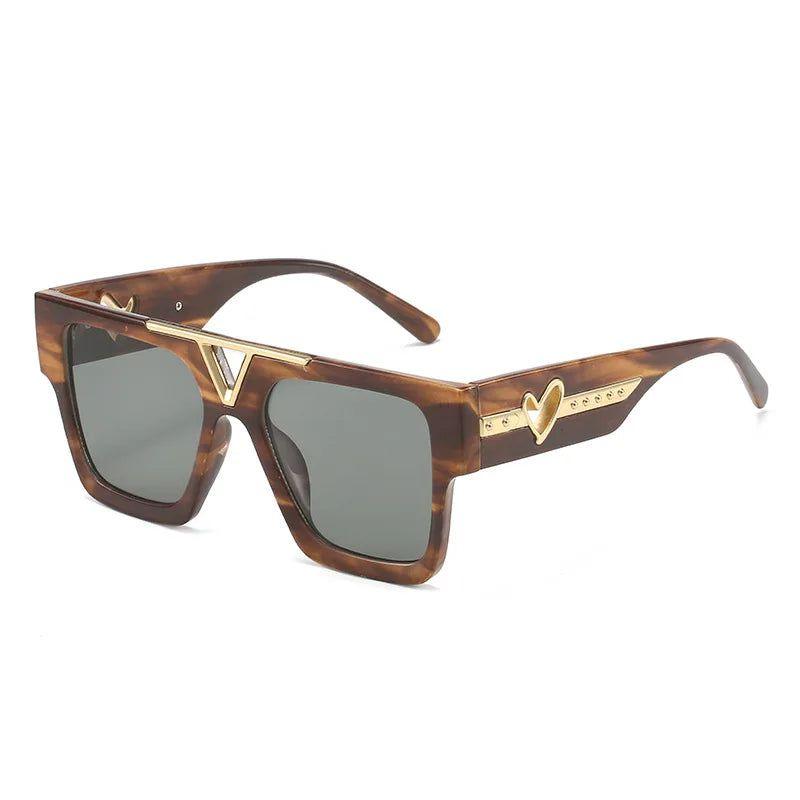 Trendy Flat Top Square Sunglasses with Metal Heart Accents and UV400 Protection - Lucid Fantasy 