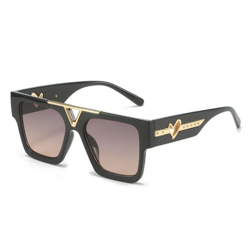 Trendy Flat Top Square Sunglasses with Metal Heart Accents and UV400 Protection - Lucid Fantasy 