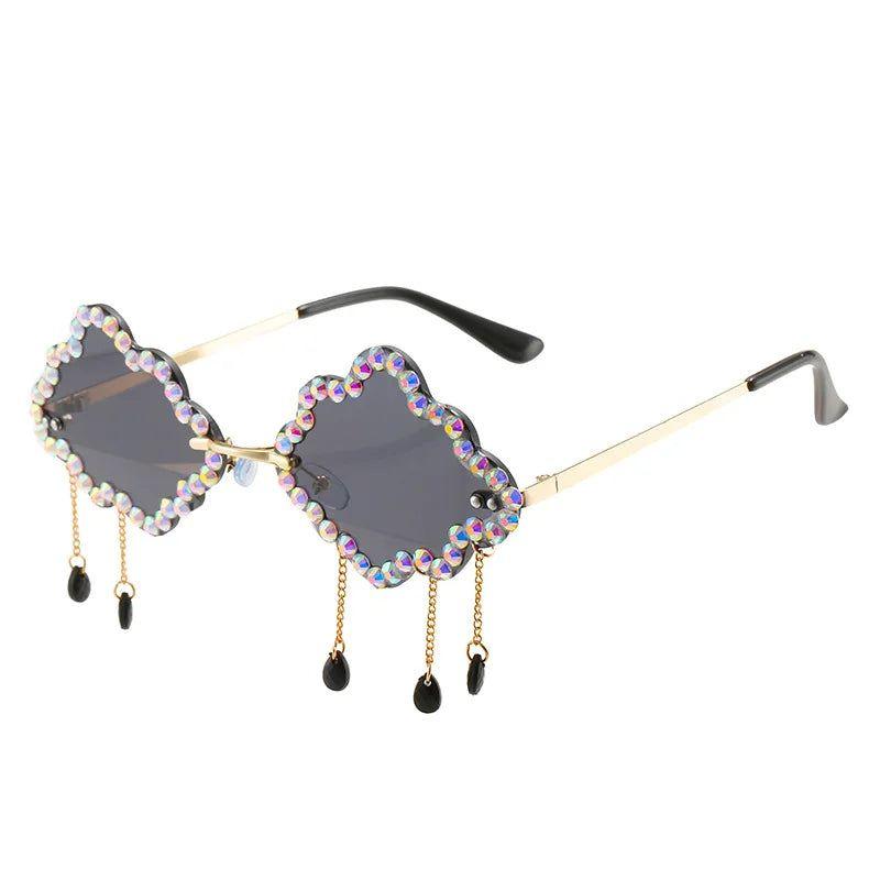 Trendy Rhinestone-Embellished Rimless Sunglasses with Cloud Tassel Design - Lucid Fantasy 