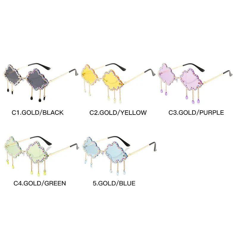 Trendy Rhinestone-Embellished Rimless Sunglasses with Cloud Tassel Design - Lucid Fantasy 