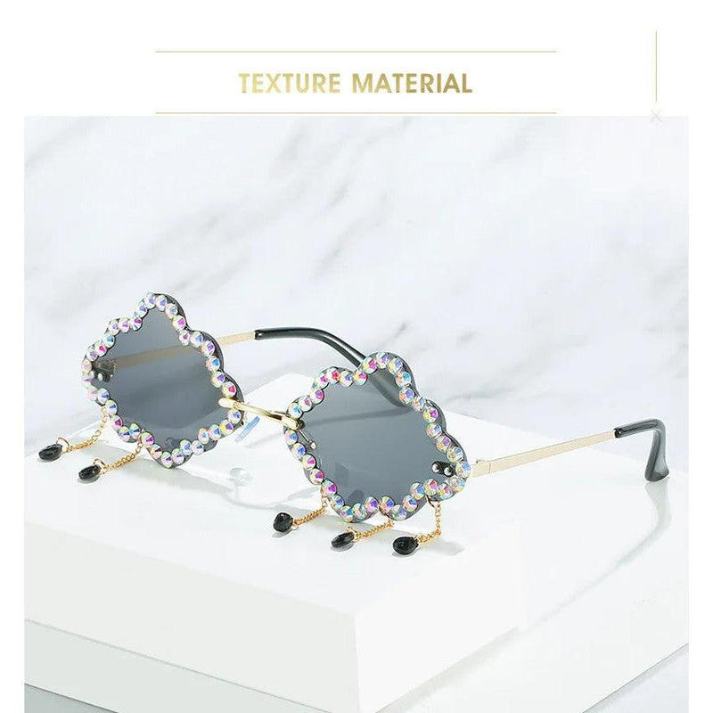 Trendy Rhinestone-Embellished Rimless Sunglasses with Cloud Tassel Design - Lucid Fantasy 