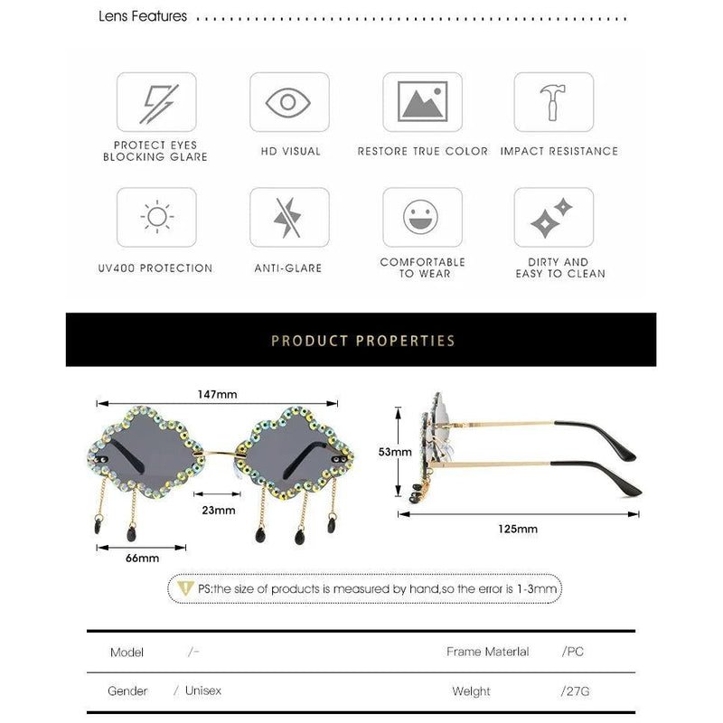 Trendy Rhinestone-Embellished Rimless Sunglasses with Cloud Tassel Design - Lucid Fantasy 
