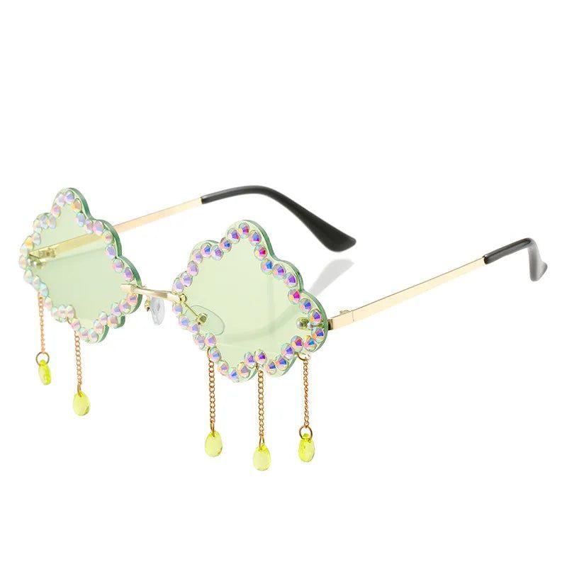 Trendy Rhinestone-Embellished Rimless Sunglasses with Cloud Tassel Design - Lucid Fantasy 