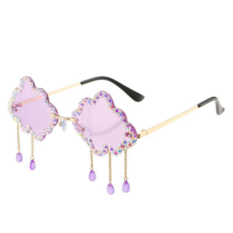 Trendy Rhinestone-Embellished Rimless Sunglasses with Cloud Tassel Design - Lucid Fantasy 