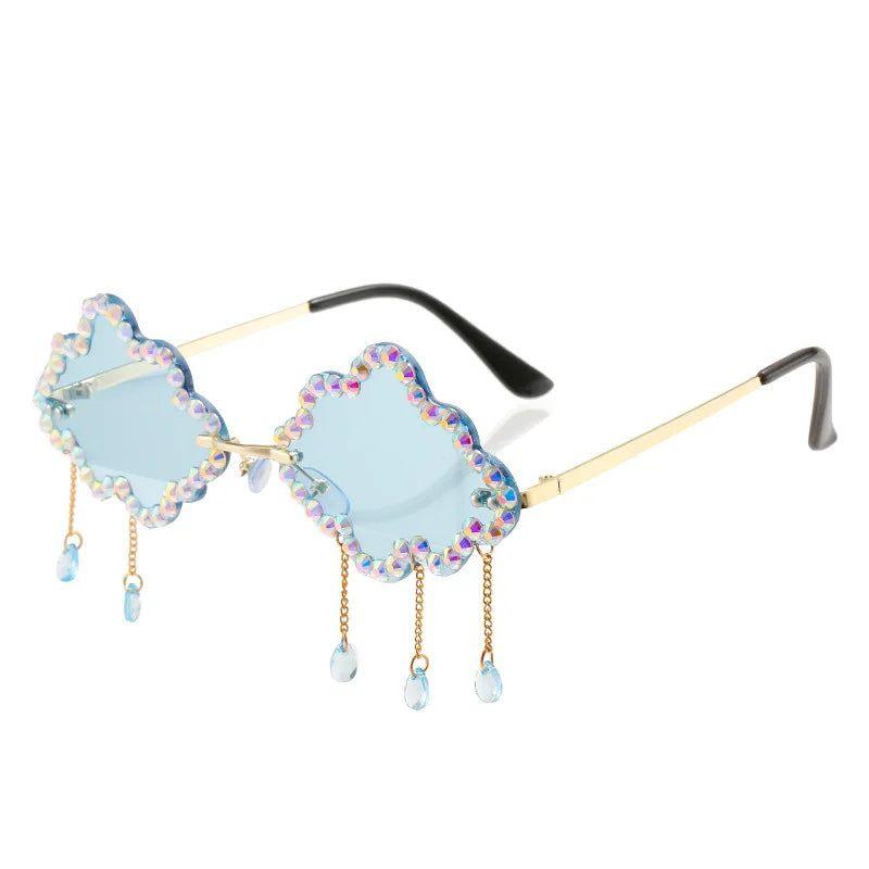 Trendy Rhinestone-Embellished Rimless Sunglasses with Cloud Tassel Design - Lucid Fantasy 