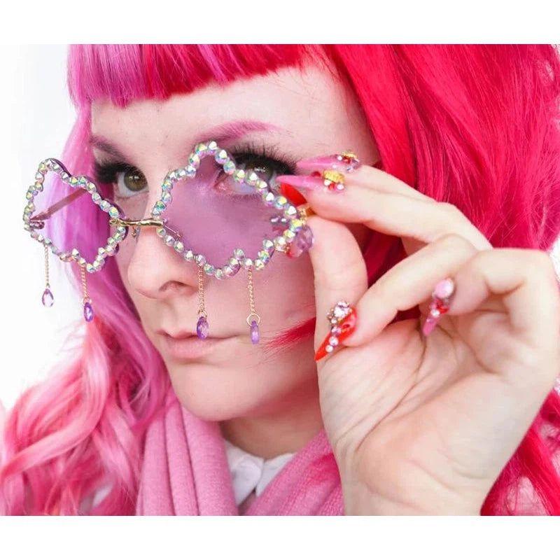 Trendy Rhinestone-Embellished Rimless Sunglasses with Cloud Tassel Design - Lucid Fantasy 