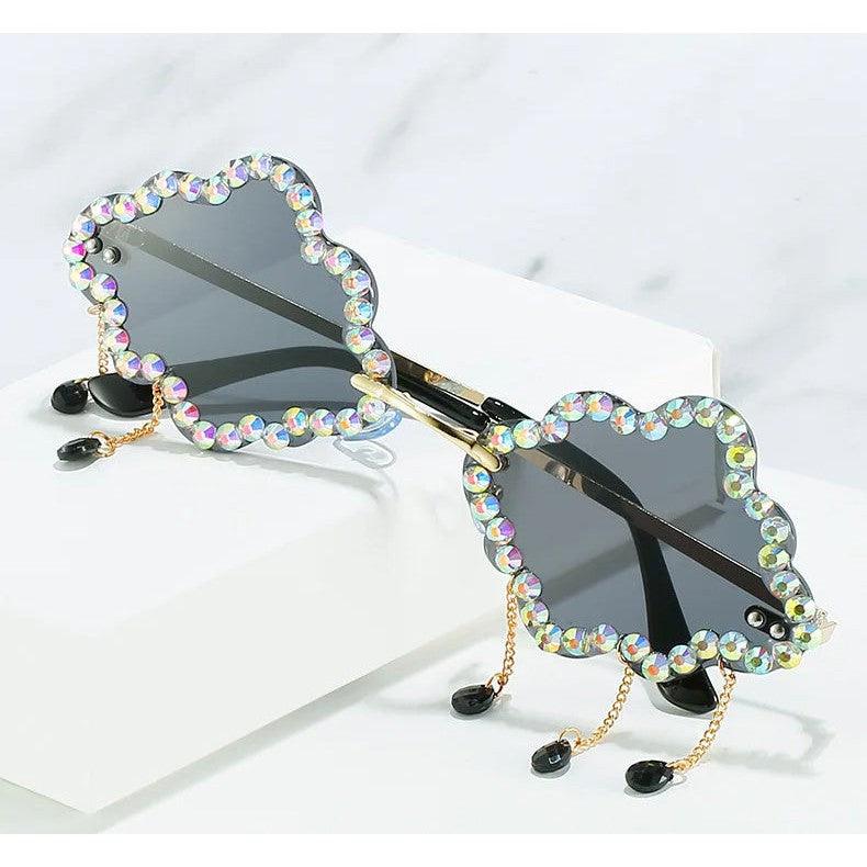 Trendy Rhinestone-Embellished Rimless Sunglasses with Cloud Tassel Design - Lucid Fantasy 