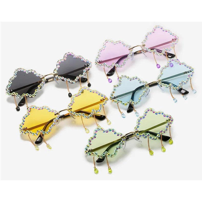 Trendy Rhinestone-Embellished Rimless Sunglasses with Cloud Tassel Design - Lucid Fantasy 