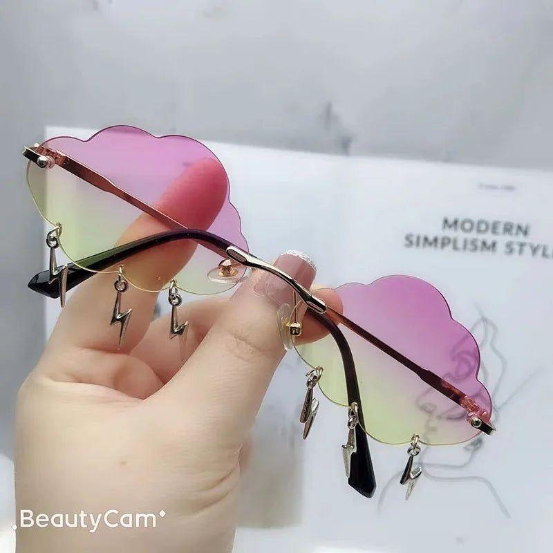 Trendy Rimless Sunglasses with Cloud and Lightning Tassel Design - UV400 Protection in Candy Colors - Lucid Fantasy 