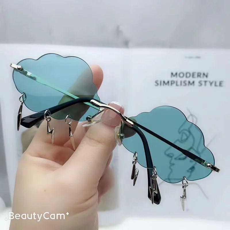 Trendy Rimless Sunglasses with Cloud and Lightning Tassel Design - UV400 Protection in Candy Colors - Lucid Fantasy 