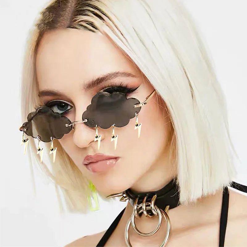 Trendy Rimless Sunglasses with Cloud and Lightning Tassel Design - UV400 Protection in Candy Colors - Lucid Fantasy 