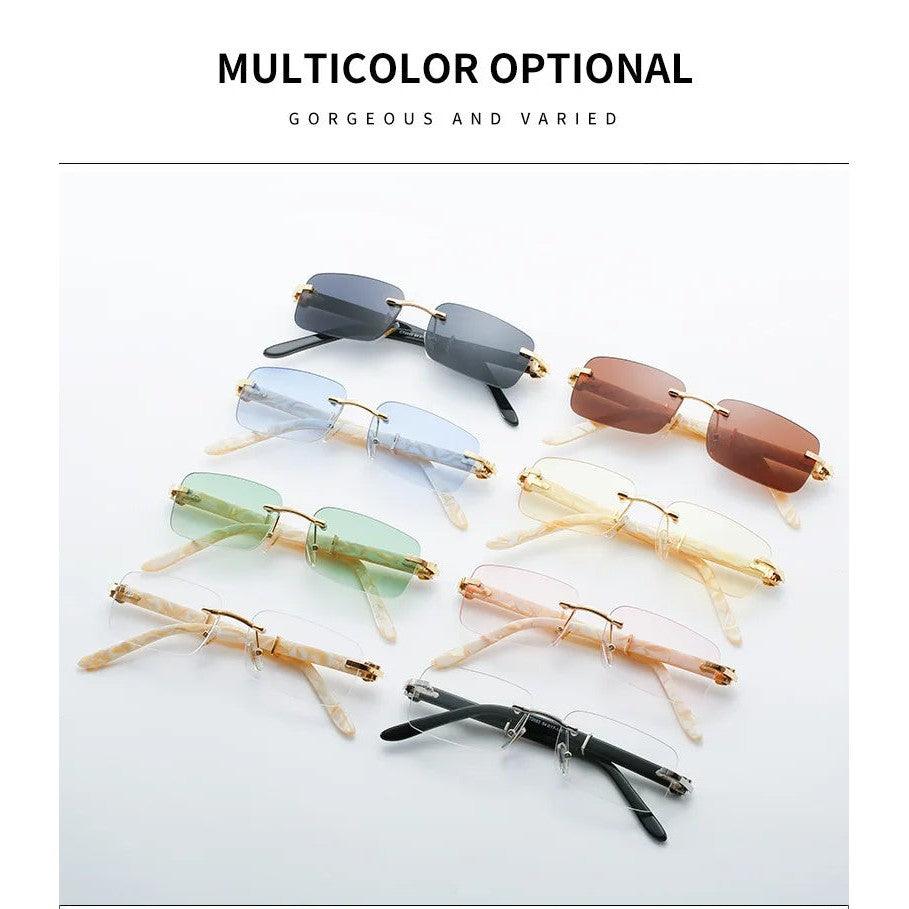 Vibrant Rimless Hip Hop Sunglasses in Pink, Blue, and Green – Fashion-Forward Square Shades - Lucid Fantasy 