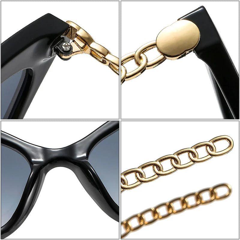 Vintage Cat Eye Sunglasses with Metal Chain Design - UV400 Fashionable Shades - Lucid Fantasy 