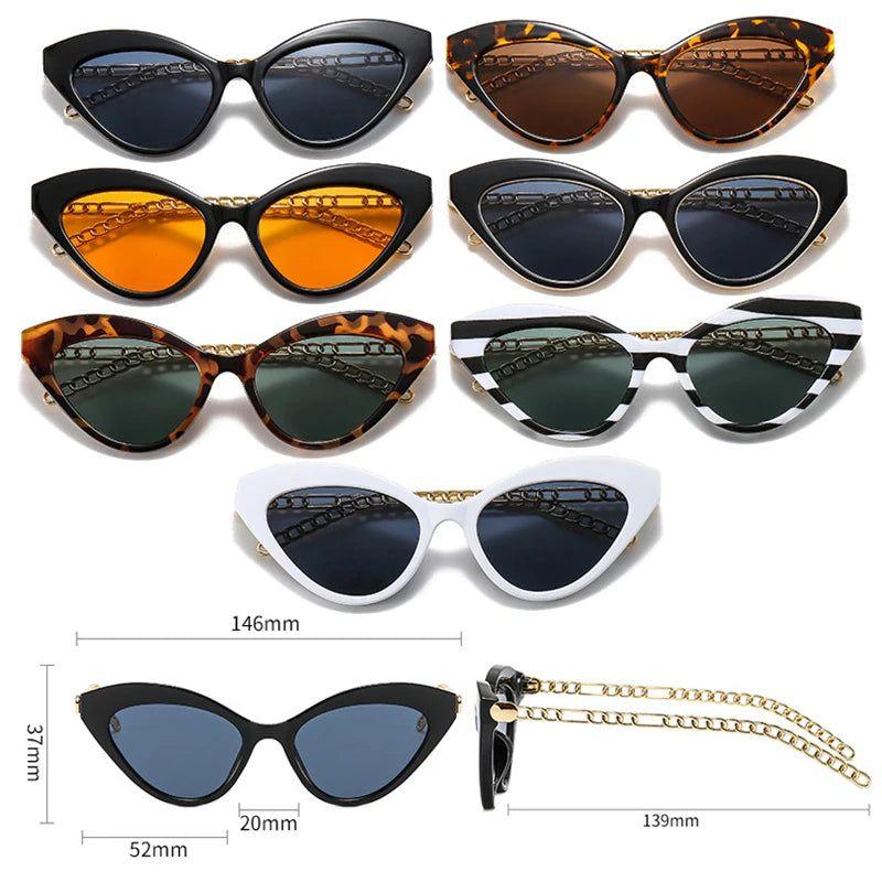 Vintage Cat Eye Sunglasses with Metal Chain Design - UV400 Fashionable Shades - Lucid Fantasy 