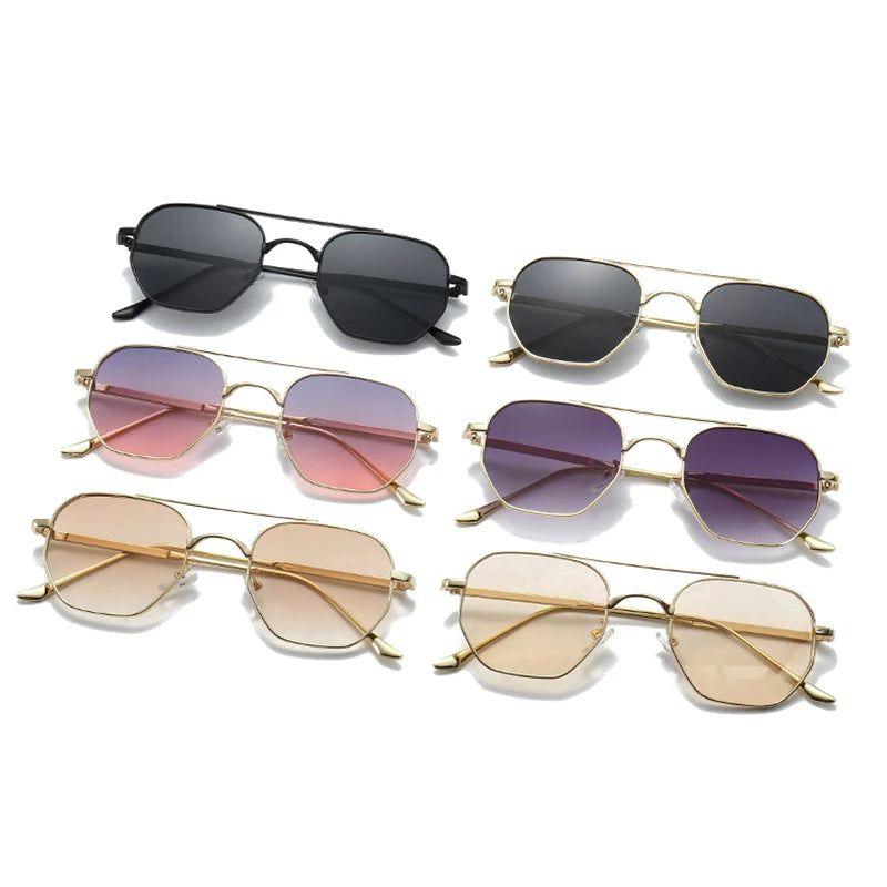 Vintage Double Bridge Geometric Metal Sunglasses with Gradient Lenses and UV400 Protection - Lucid Fantasy 