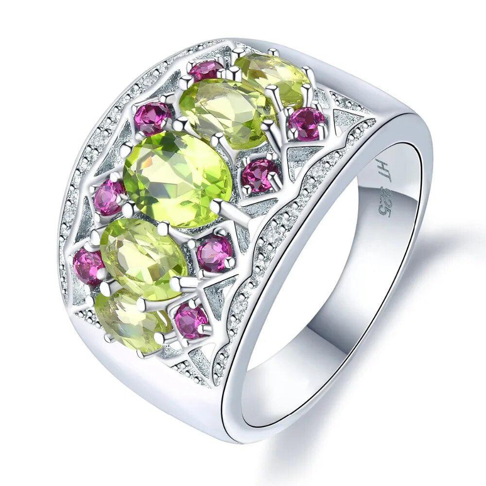 Vintage Elegance Natural Peridot and Rhodolite Garnet Ring in 925 Sterling Silver - 2.76 Carats of Fine Jewelry - Lucid Fantasy 