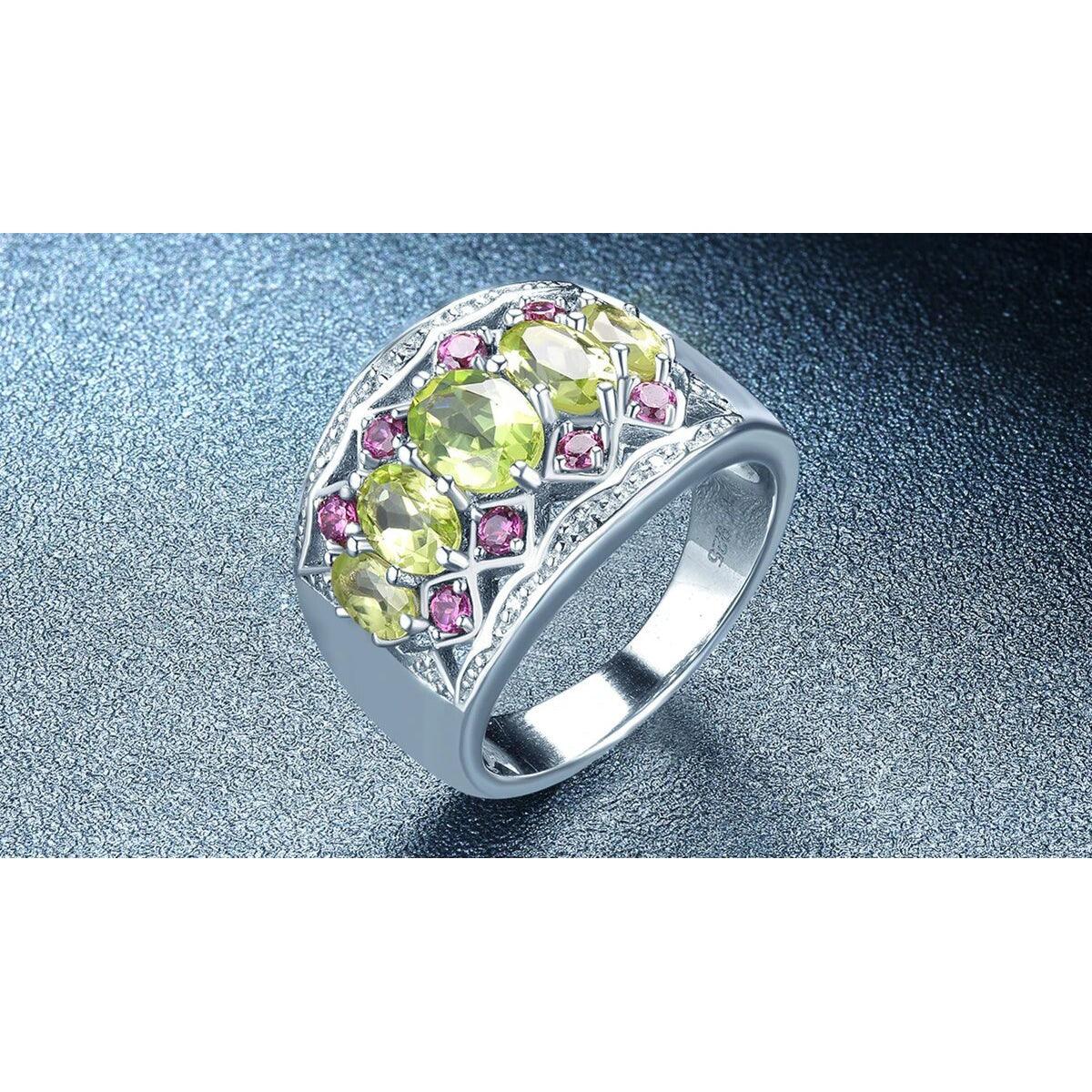 Vintage Elegance Natural Peridot and Rhodolite Garnet Ring in 925 Sterling Silver - 2.76 Carats of Fine Jewelry - Lucid Fantasy 