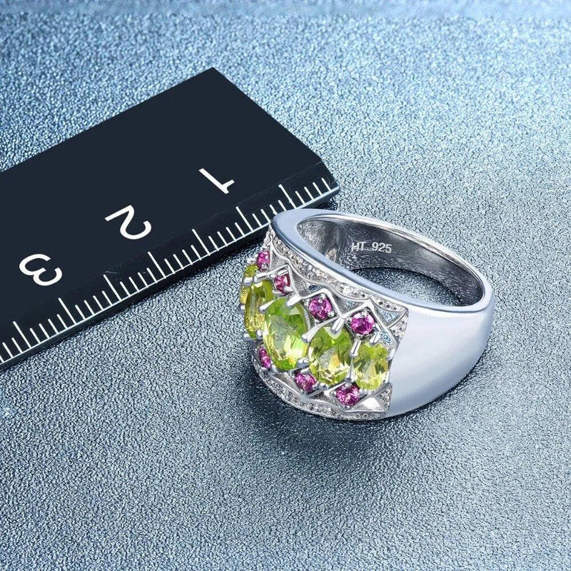 Vintage Elegance Natural Peridot and Rhodolite Garnet Ring in 925 Sterling Silver - 2.76 Carats of Fine Jewelry - Lucid Fantasy 