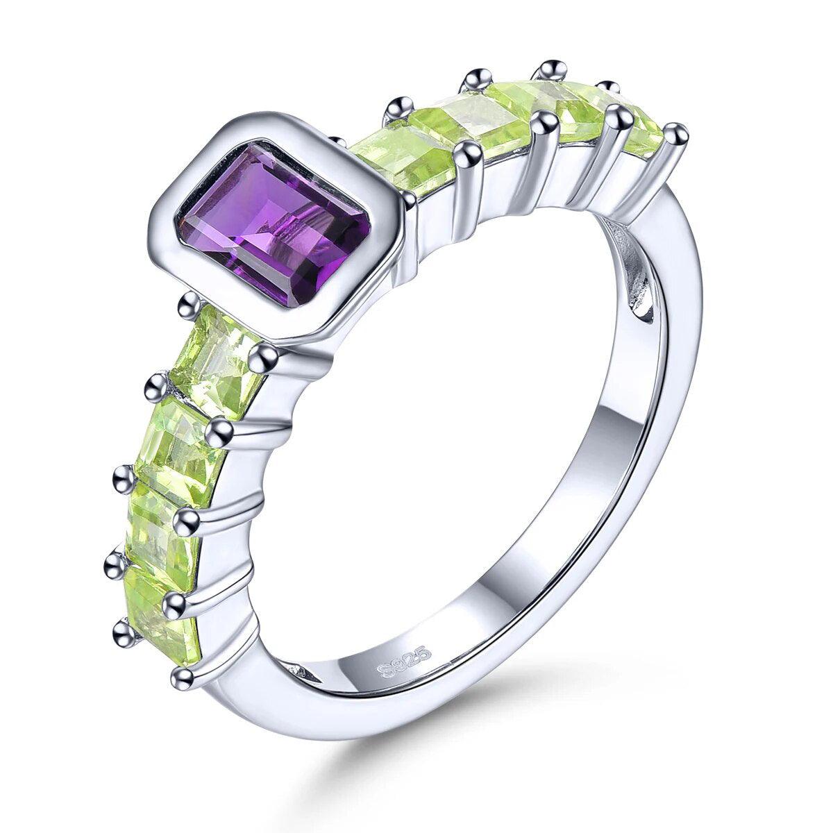 Vintage Inspired 1.8 Carat Natural Amethyst and Peridot Sterling Silver Ring S925 Fine Jewelry - Lucid Fantasy 