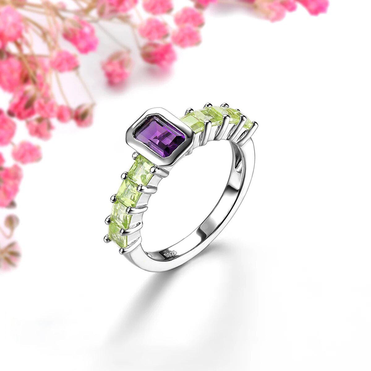 Vintage Inspired 1.8 Carat Natural Amethyst and Peridot Sterling Silver Ring S925 Fine Jewelry - Lucid Fantasy 