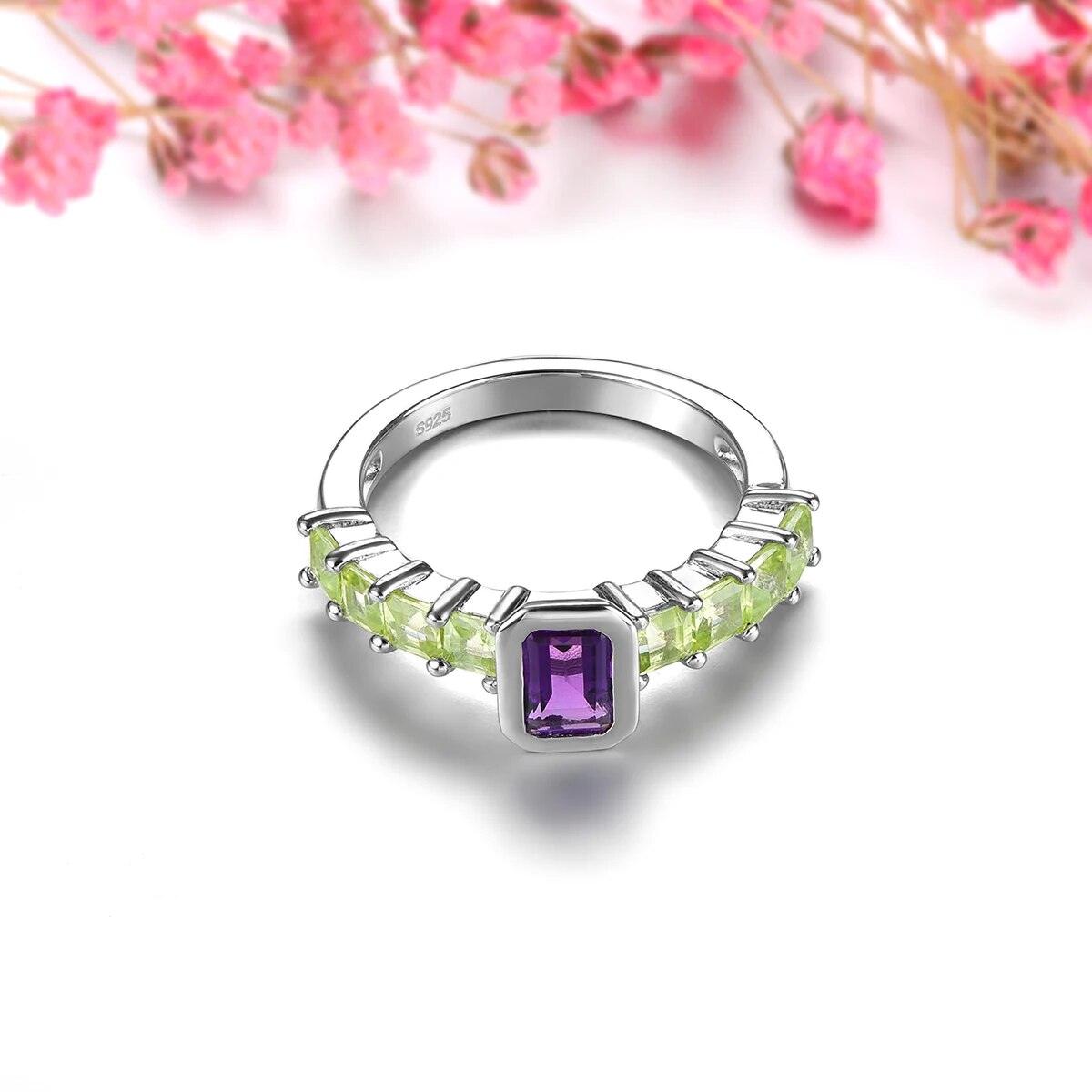 Vintage Inspired 1.8 Carat Natural Amethyst and Peridot Sterling Silver Ring S925 Fine Jewelry - Lucid Fantasy 