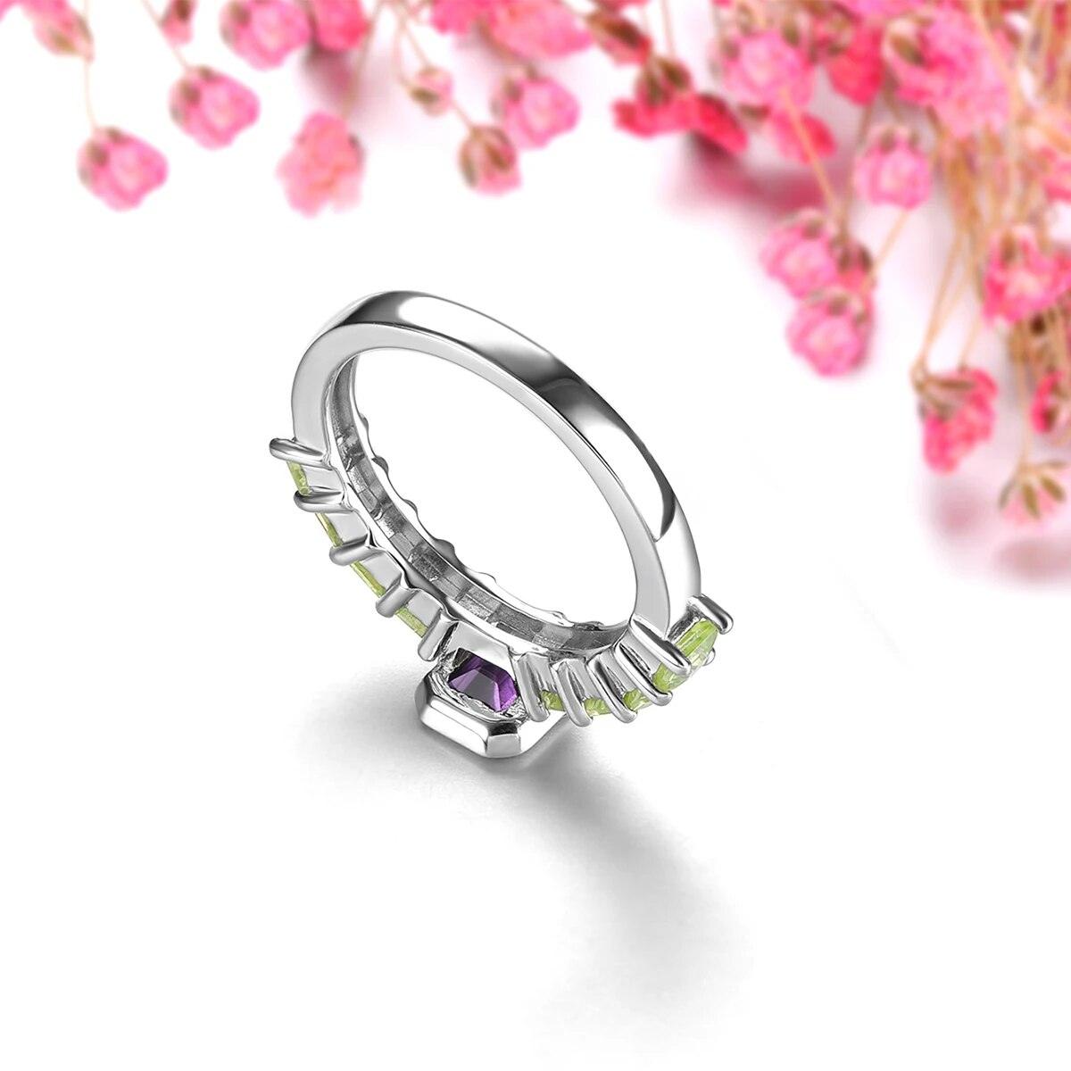 Vintage Inspired 1.8 Carat Natural Amethyst and Peridot Sterling Silver Ring S925 Fine Jewelry - Lucid Fantasy 