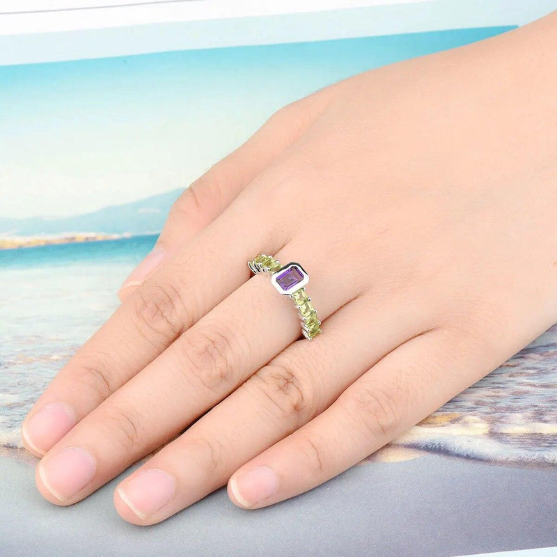 Vintage Inspired 1.8 Carat Natural Amethyst and Peridot Sterling Silver Ring S925 Fine Jewelry - Lucid Fantasy 