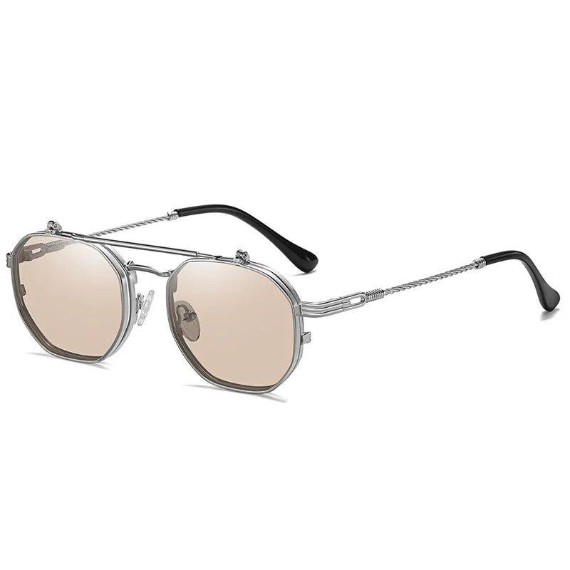 Vintage Metal Punk Polygon Square Polarized UV400 Sunglasses with Flip Design - Lucid Fantasy 