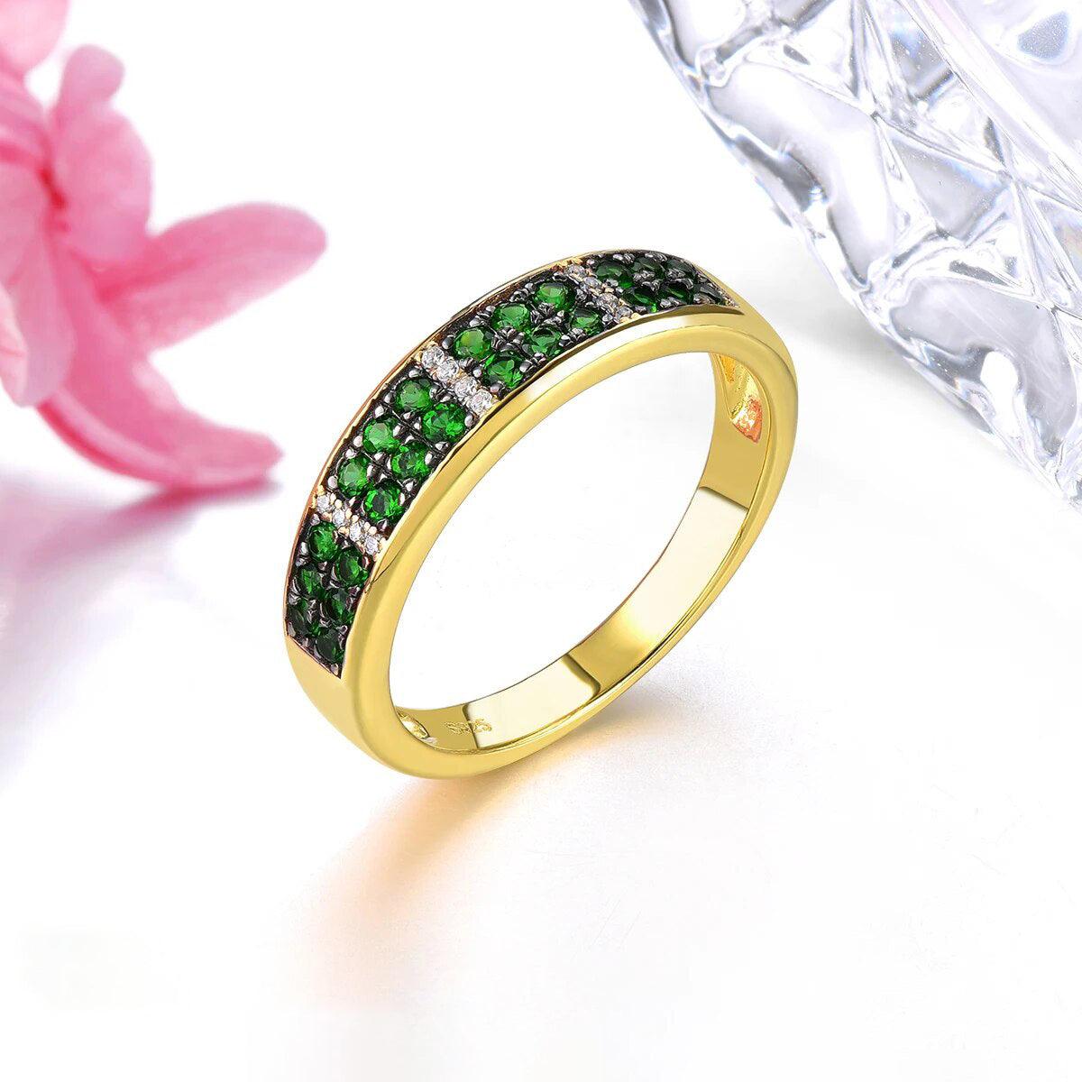 Vintage Yellow Gold Plated Sterling Silver Ring with Natural Chrome Diopside Gemstone - 0.8 Carats Fine Jewelry - Lucid Fantasy 