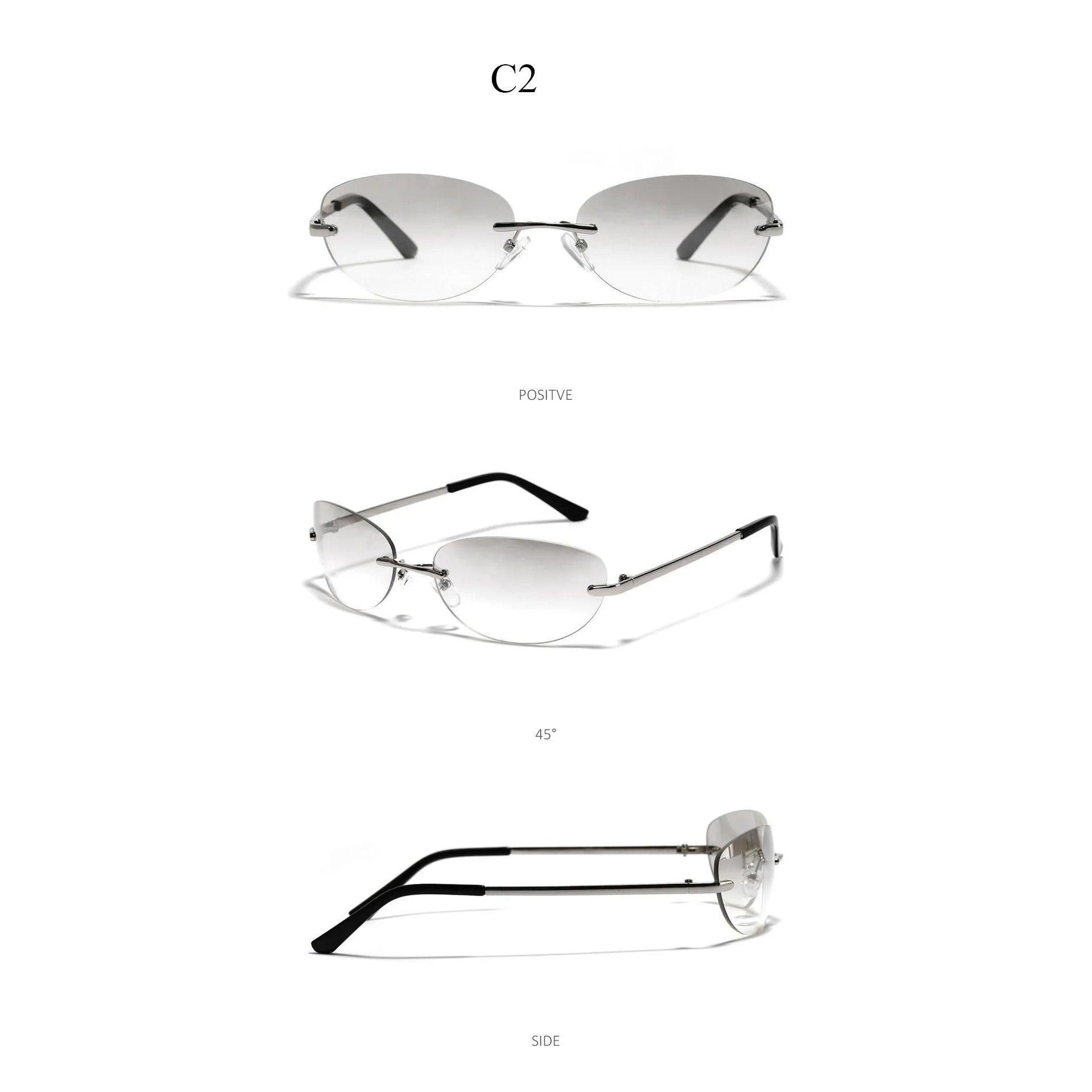 Y2K Inspired Oval Gradient Silver Mirror Rimless Small Round Sunglasses - Lucid Fantasy 