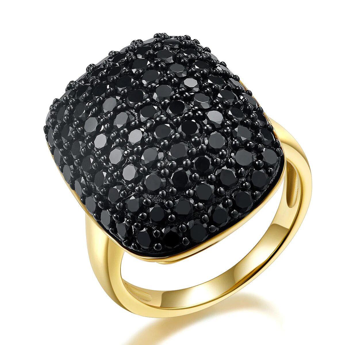 Yellow Gold Plated Sterling Silver Cluster Ring Natural Gemstone Black Spinel 925S Fine Jewelry - Lucid Fantasy 