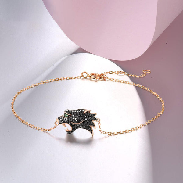 14k 585 Rose Gold Black Diamond Green Garnet Leopard Chain Link Charm Bracelet