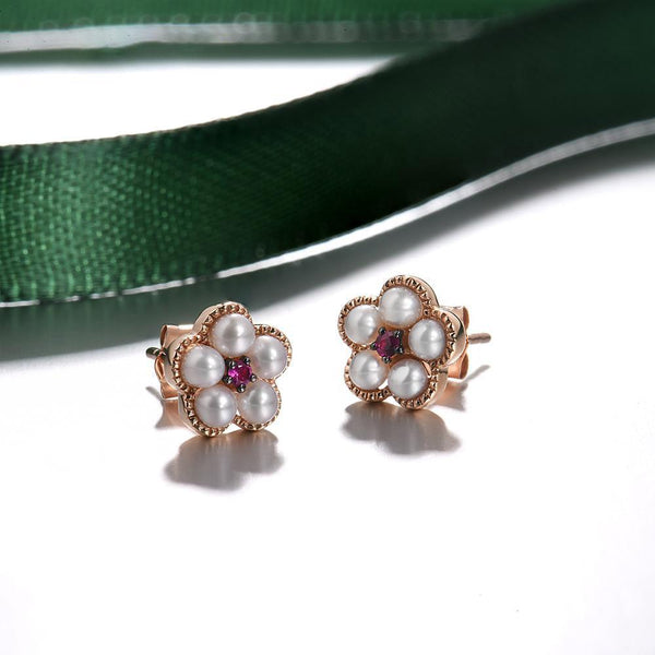 14k 585 Rose Gold Ruby Pearl Floral Braid Stud Earrings