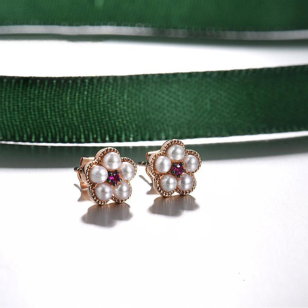 14k 585 Rose Gold Ruby Pearl Floral Braid Stud Earrings