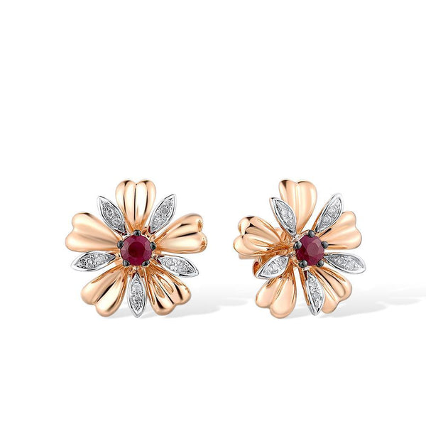 14k 585 Rose Gold Ruby Sparkling Diamond Pave Flower Blossom Stud Earrings