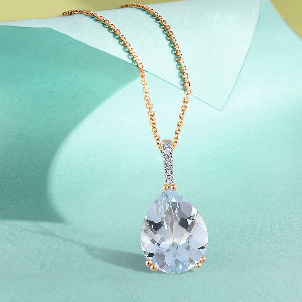 14k 585 Rose Gold Sky Blue Topaz Pear Sparkling Diamond Pave Necklace Pendant