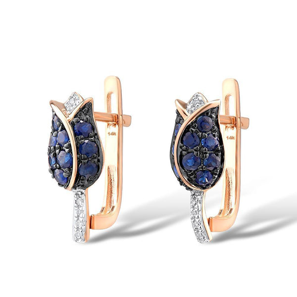 14k 585 Rose Gold Sparkling Diamond Blue Sapphire Tulip Flower Jewelry Set