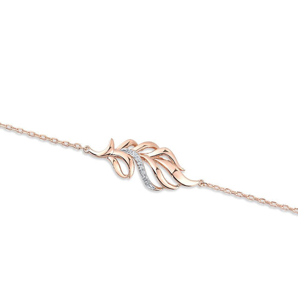 14k 585 Rose Gold Sparkling Diamond Leaf Pendant Charm Chain Link Bracelet