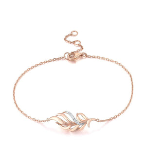 14k 585 Rose Gold Sparkling Diamond Leaf Pendant Charm Chain Link Bracelet