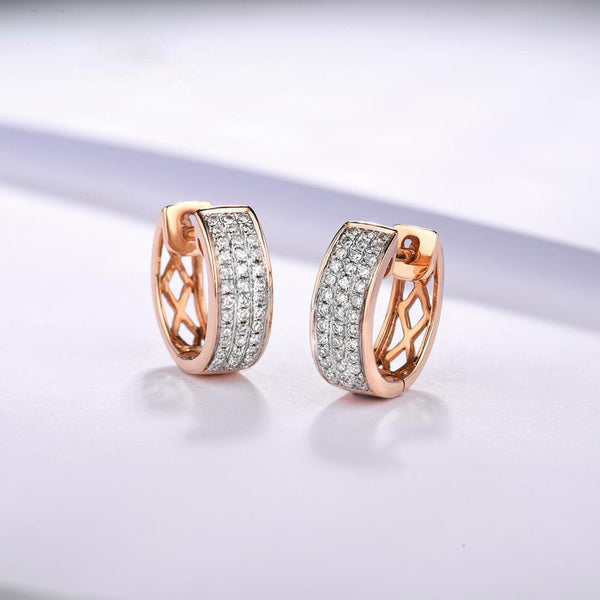 14k 585 Rose Gold Sparkling Diamond Pave Cutout Hoop Dangle Earrings