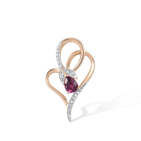 14k 585 Rose Gold Sparkling Diamond Pave Rhodolite Garnet Double Loop Heart Flower Necklace Pendant