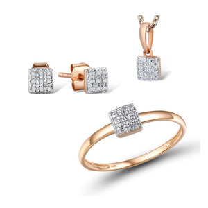 14k 585 Rose Gold Sparkling Diamond Pave Square Ring Earring Necklace Pendant Jewelry Set