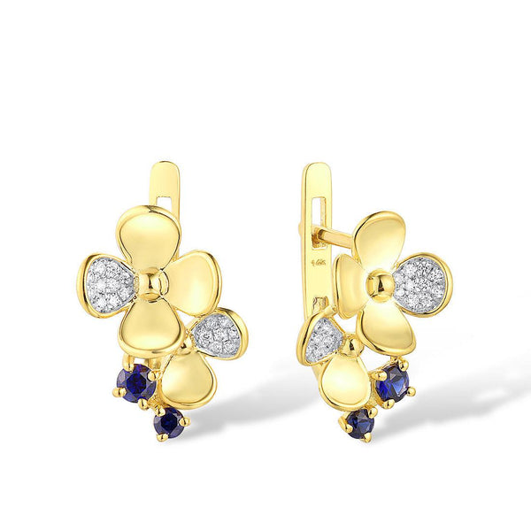 14k 585 Yellow Gold Blue Sapphire Sparkling Diamond Pave Floral Dangle Earrings