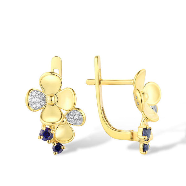 14k 585 Yellow Gold Blue Sapphire Sparkling Diamond Pave Floral Dangle Earrings