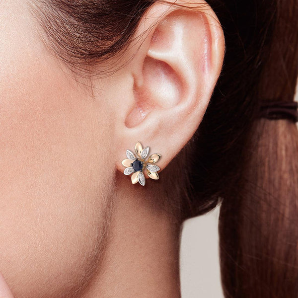 14k 585 Yellow Gold Blue Sapphire Sparkling Diamond Pave Flower Blossom Stud Earrings