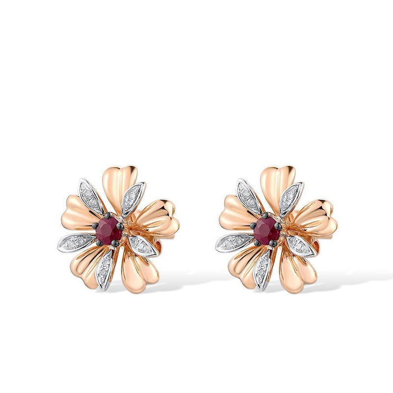 14k Rose Gold Pave Blossom Stud Earrings with Ruby Center and Diamond Accents - Lucid Fantasy 