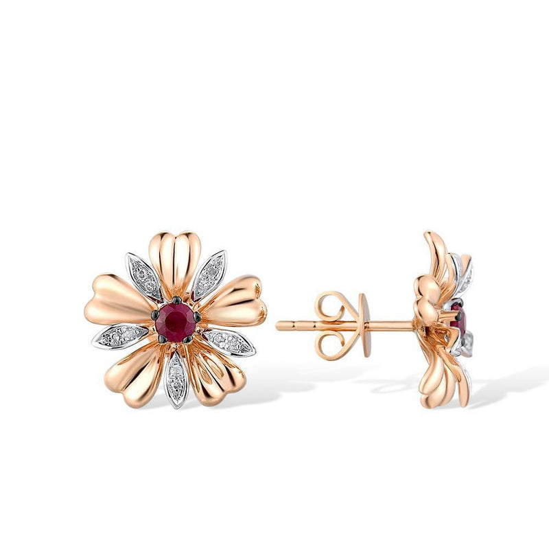 14k Rose Gold Pave Blossom Stud Earrings with Ruby Center and Diamond Accents - Lucid Fantasy 