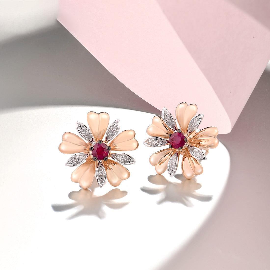 14k Rose Gold Pave Blossom Stud Earrings with Ruby Center and Diamond Accents - Lucid Fantasy 