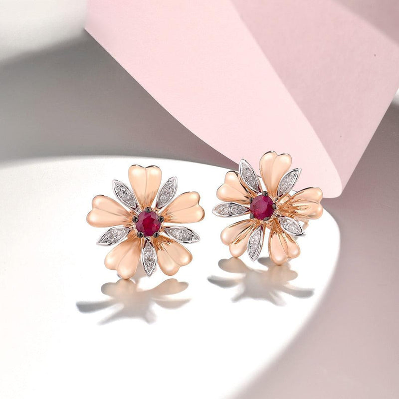 14k Rose Gold Pave Blossom Stud Earrings with Ruby Center and Diamond Accents - Lucid Fantasy 