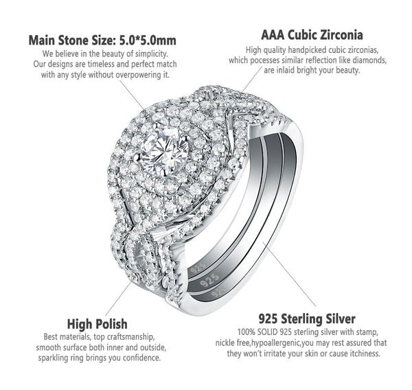 2-1/8 CZ Sterling 3 Pcs Silver Round Woven Pave Ring Set